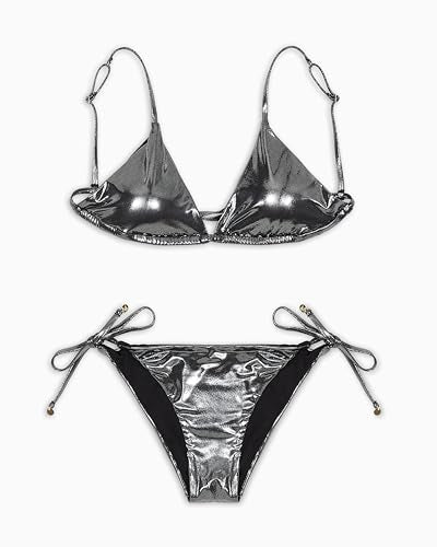 Emporio Armani Women's Shiny Caviar Texture String Bottom and Triangle Bikini Top