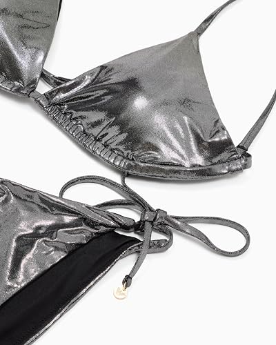 Emporio Armani Women's Shiny Caviar Texture String Bottom and Triangle Bikini Top