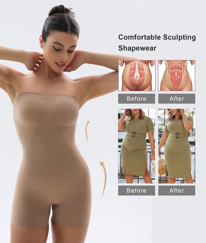 SHAPERX Strapless Shortie Bodysuit for Women Tummy Control Shapewear Seamless Sculpt Body Shaper with Removable Straps
