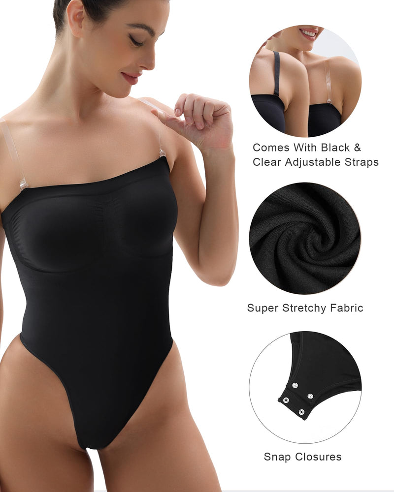 SHAPERX Strapless Shortie Bodysuit for Women Tummy Control Shapewear Seamless Sculpt Body Shaper with Removable Straps