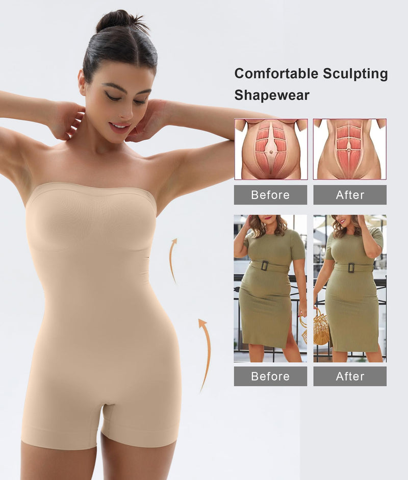SHAPERX Strapless Shortie Bodysuit for Women Tummy Control Shapewear Seamless Sculpt Body Shaper with Removable Straps